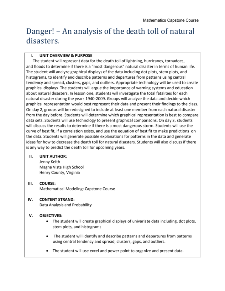 Danger! – An Analysis of the Death Toll of Natural Disasters Unit Plan