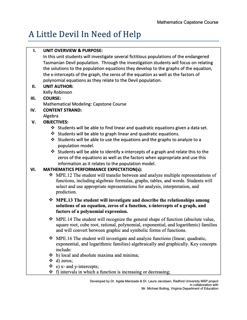 A Little Devil In Need of Help Unit Plan