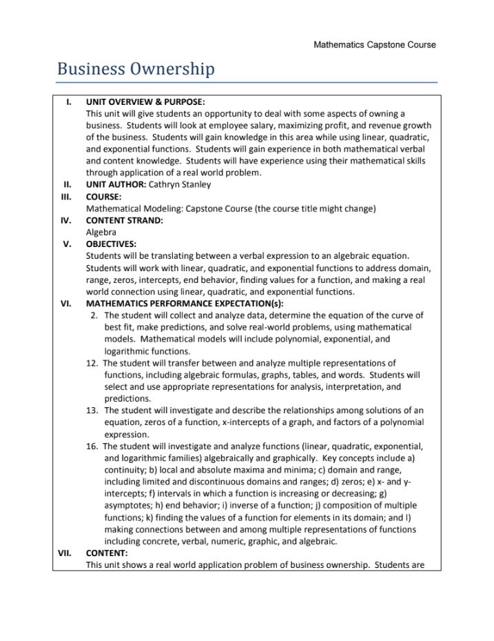 Business Ownership Unit Plan
