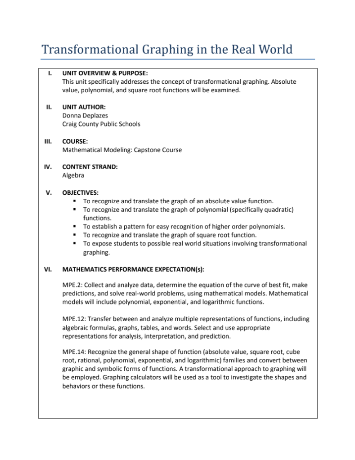 Transformational Graphing in the Real World: Air Traffic Control Unit Plan