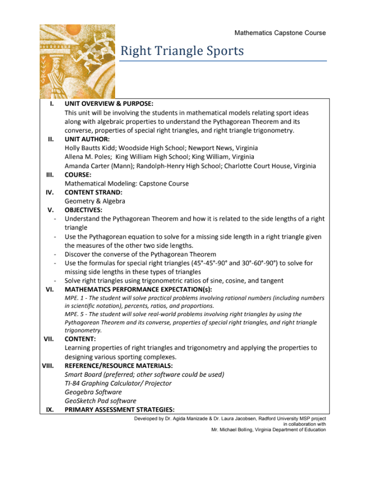Right Triangle Sports Unit Plan