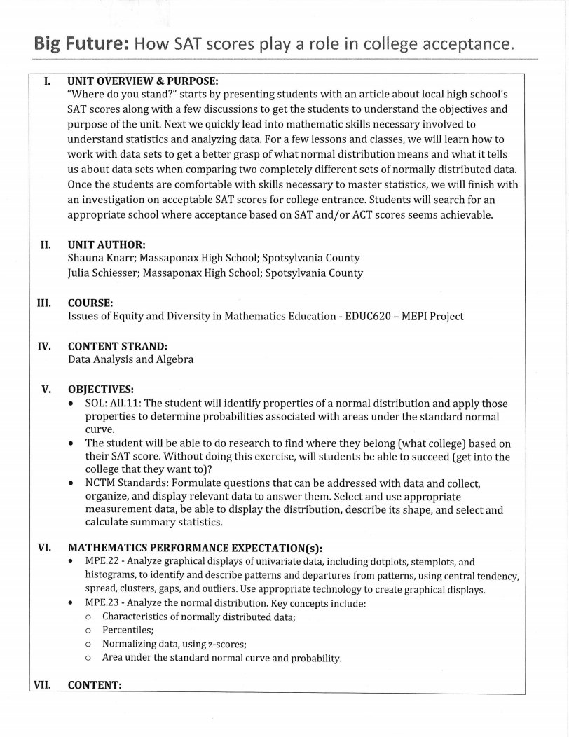 Big Future - How SAT Scores Play a Role in College Acceptance Unit Plan