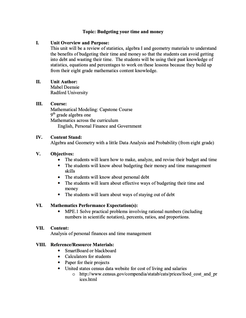 Budgeting Your Time and Money Unit Plan