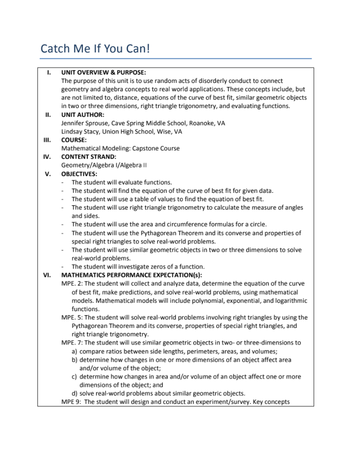Catch Me If You Can! Unit Plan