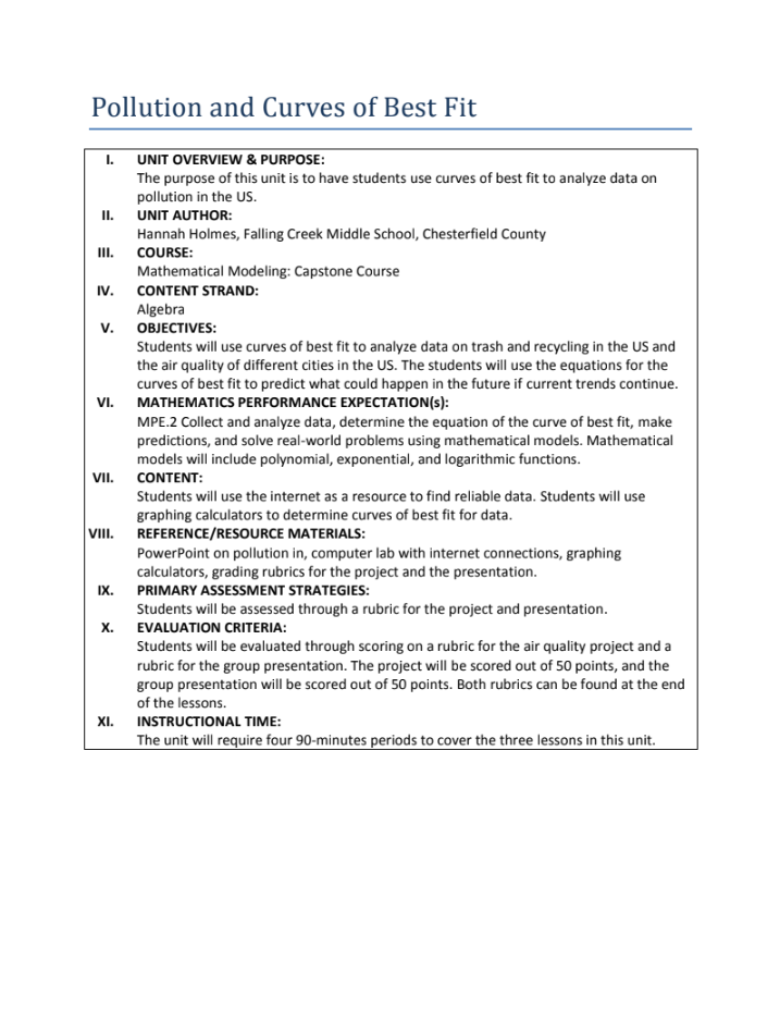 Pollution and Curves of Best Fit Unit Plan