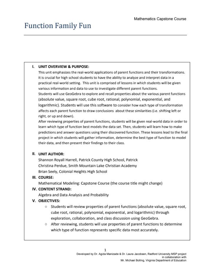 Function Family Fun Unit Plan
