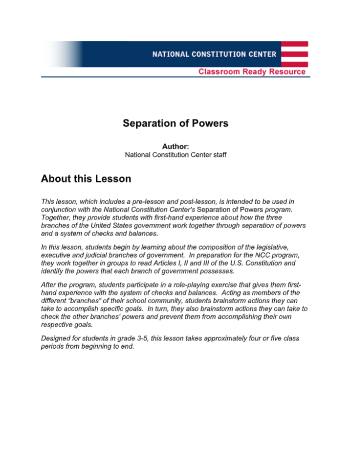Separation of Powers Lesson Plan