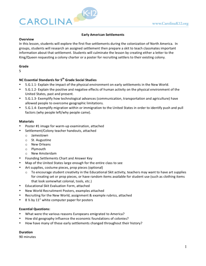 Early American Settlements Lesson Plan
