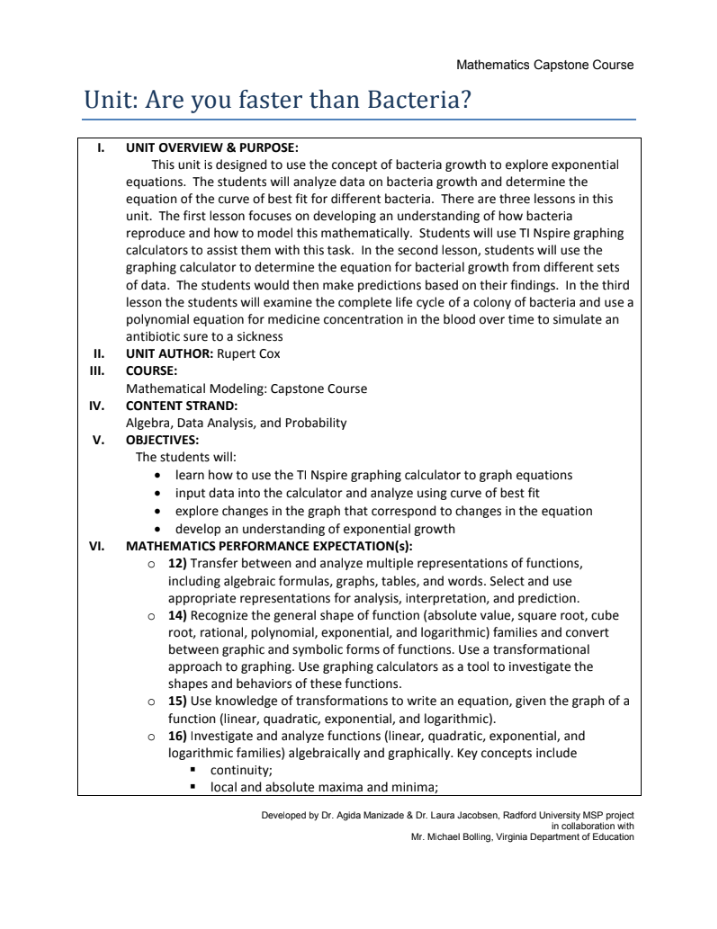 Are You Faster than Bacteria? Unit Plan