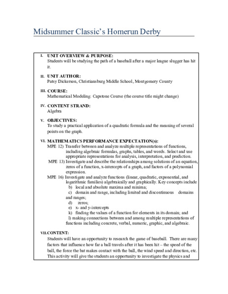 Midsummer Classic’s Homerun Derby Unit Plan
