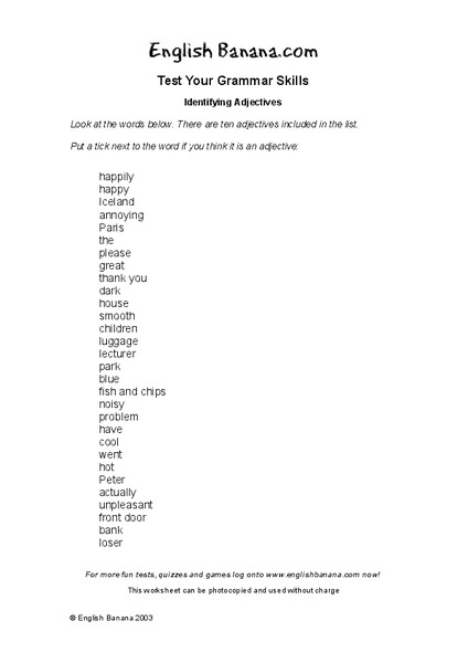Identifying Adjectives Worksheet