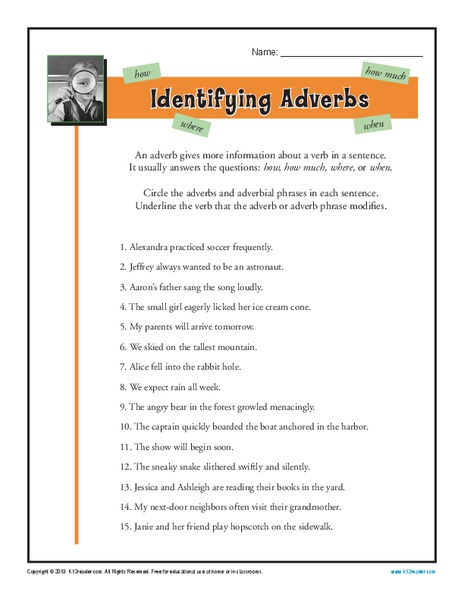 Identifying Adverbs Worksheet