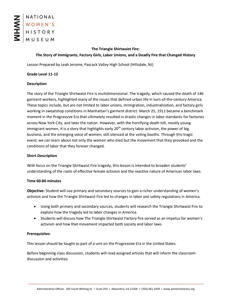 The Triangle Shirtwaist Fire Lesson Plan