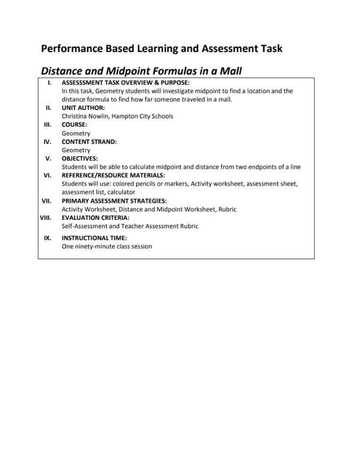 Distance and Midpoint Formulas in a Mall Performance