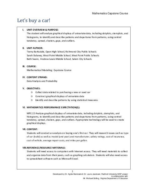 Let's Buy a Car Unit Plan