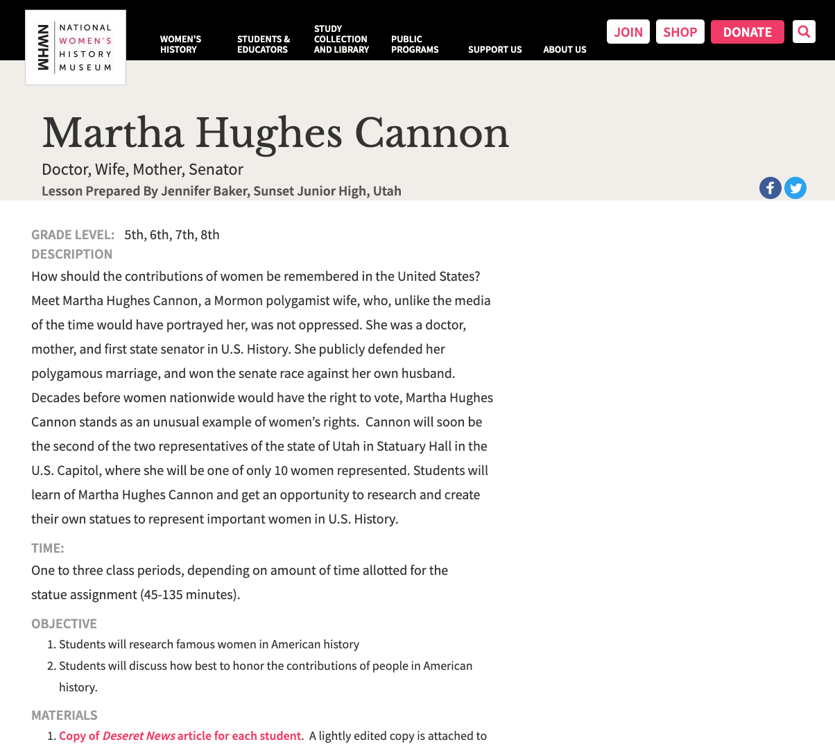 Martha Hughes Cannon: Doctor, Wife, Mother, Senator Lesson Plan