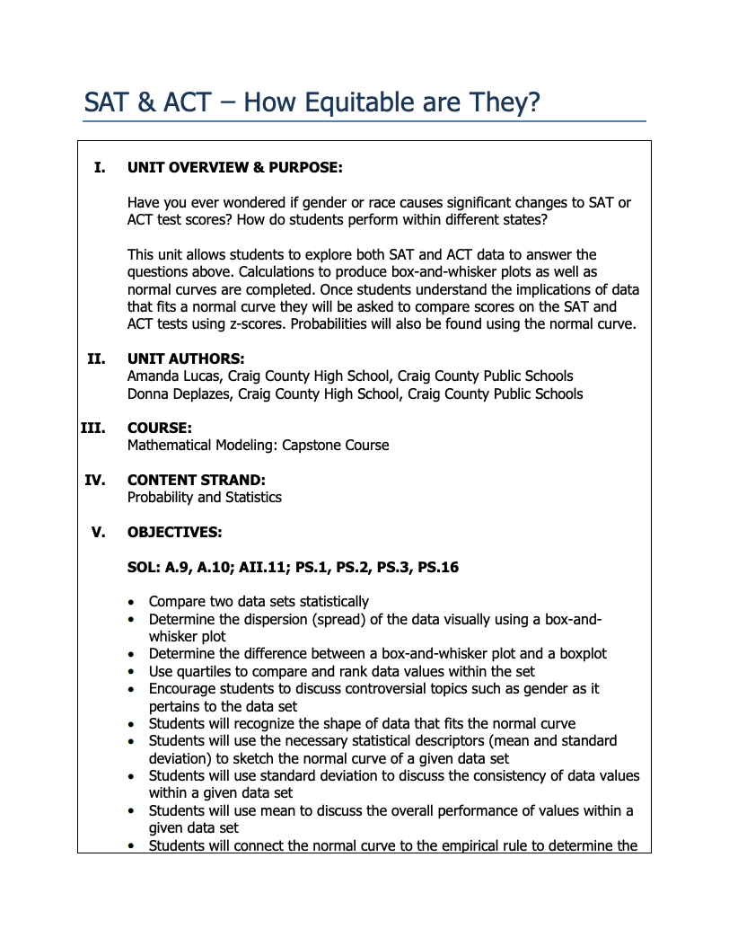 SAT and ACT – How Equitable Are They? Unit Plan