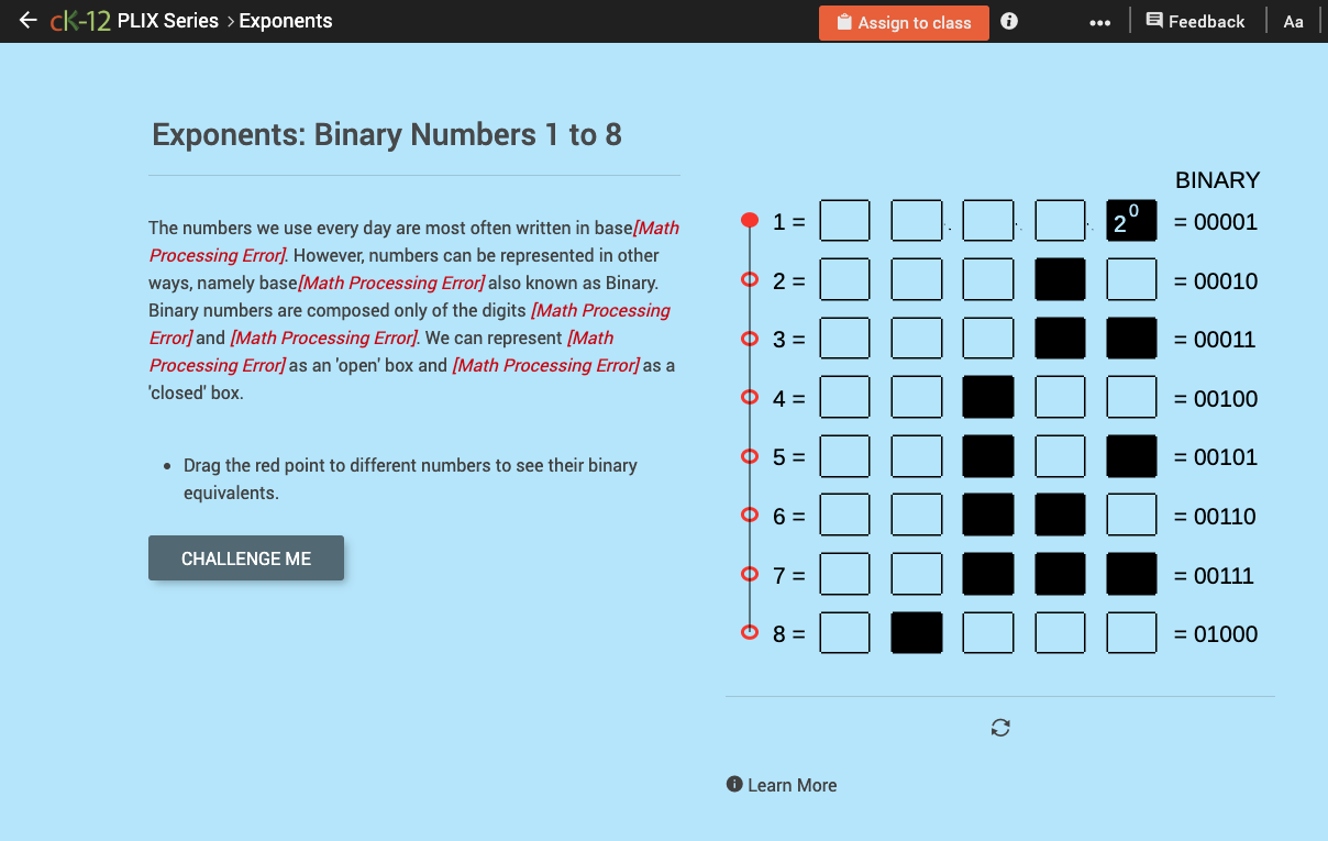 Values Written as Powers: Binary Numbers 1 to 8 Interactive