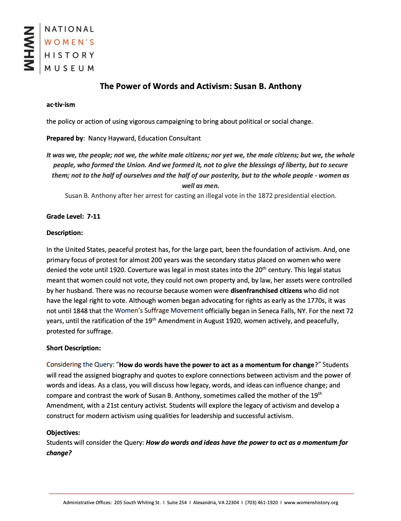 The Power of Words and Activism: Susan B. Anthony Lesson Plan
