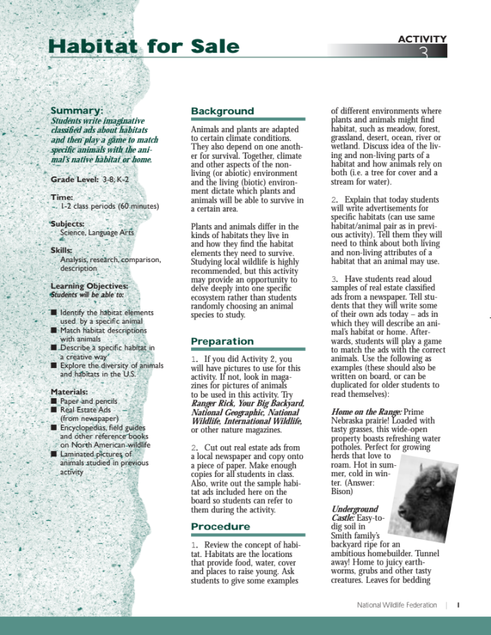 Habitat for Sale Lesson Plan