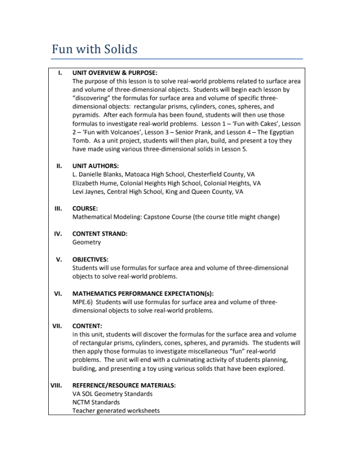 Fun with Solids Unit Plan