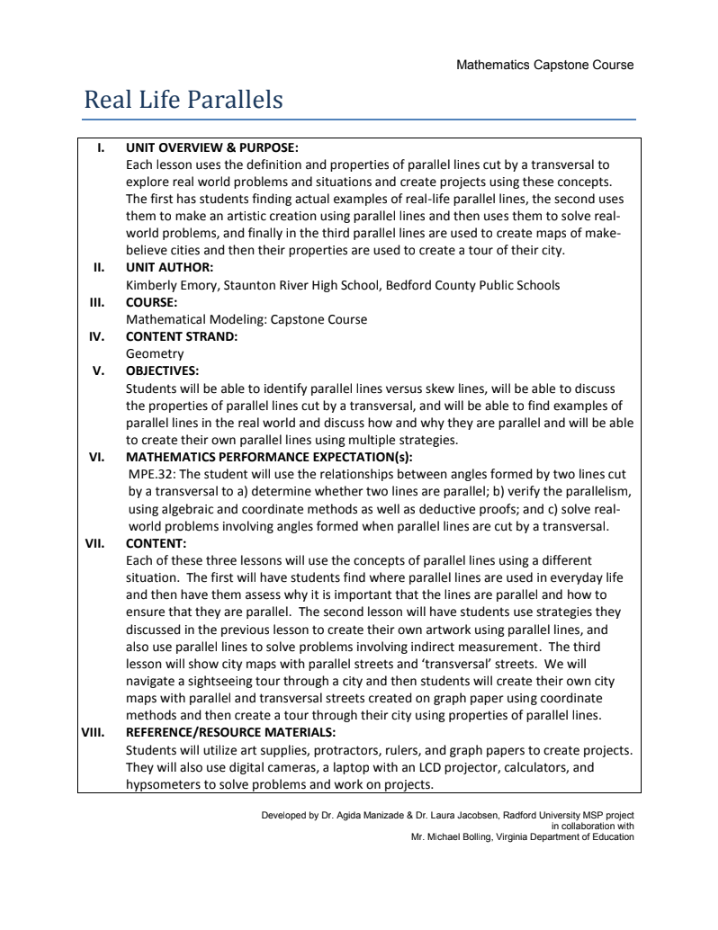 Real Life Parallels Unit Plan