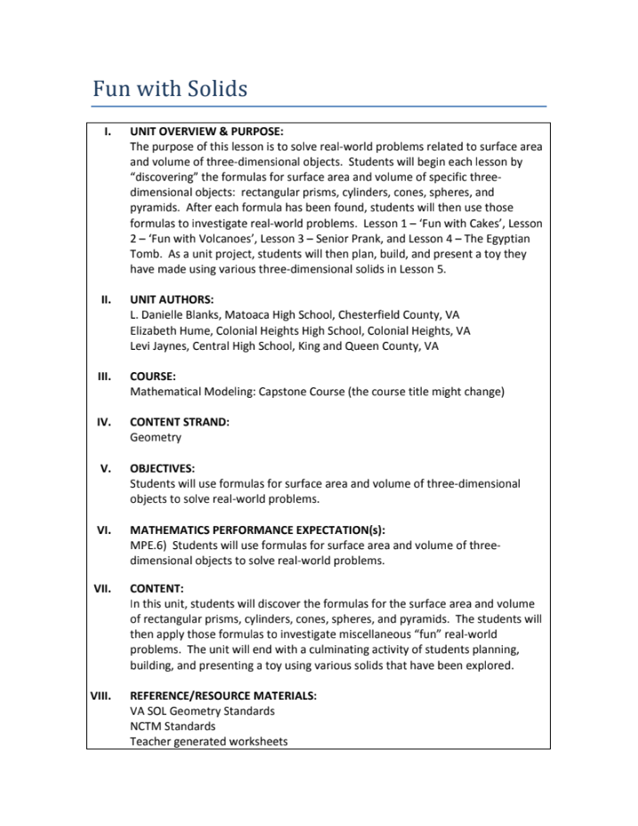 Fun with Solids Unit Plan