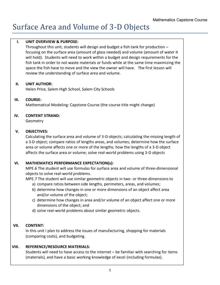 Surface Area and Volume of 3-D Objects Unit Plan