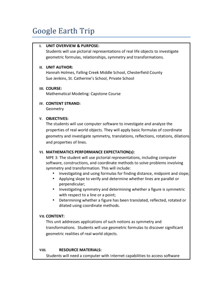 Google Earth Trip Unit Plan