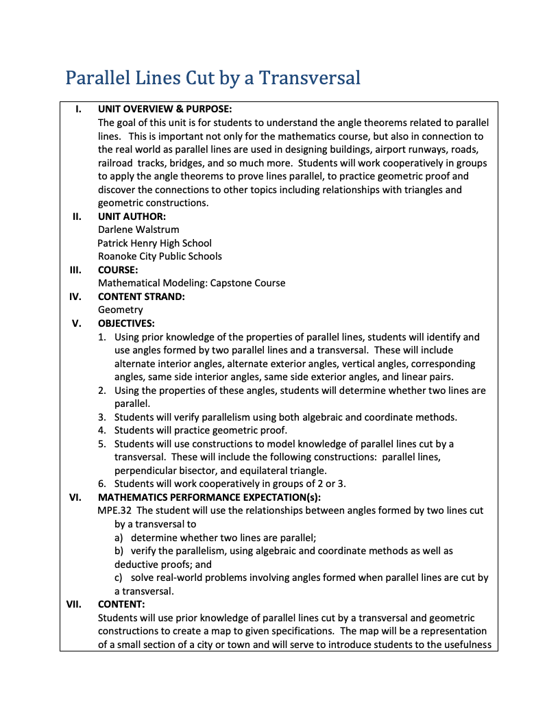 Parallel Lines Cut by a Transversal Unit Plan