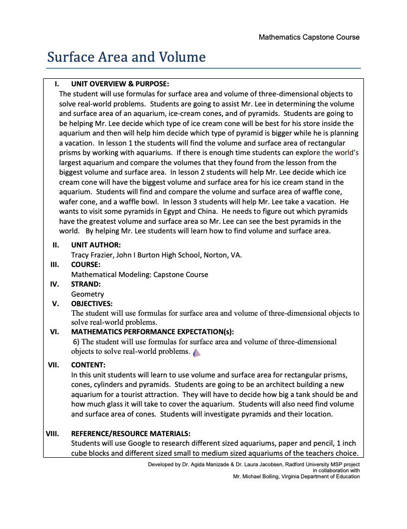 Surface Area and Volume Unit Plan
