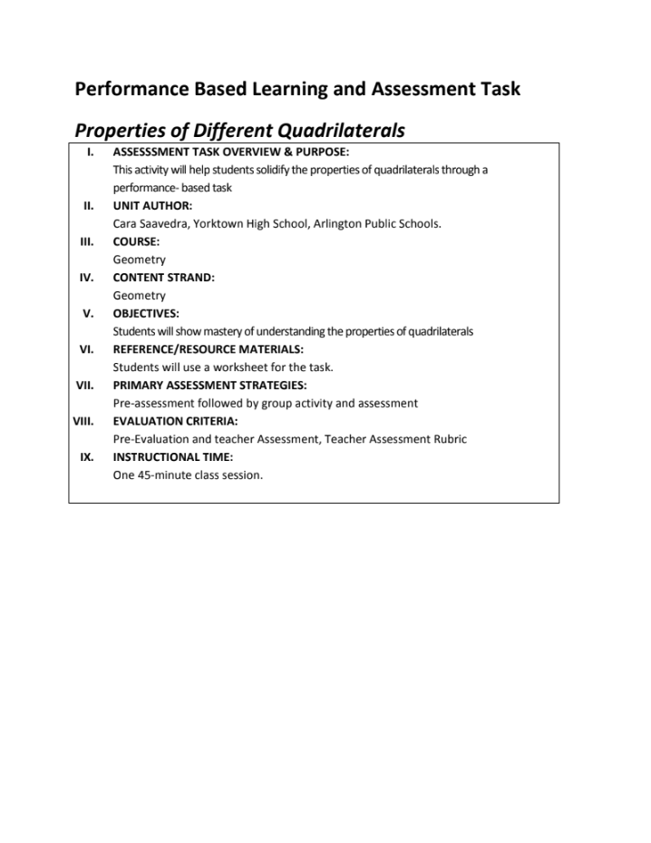 Properties of Different Quadrilaterals Performance