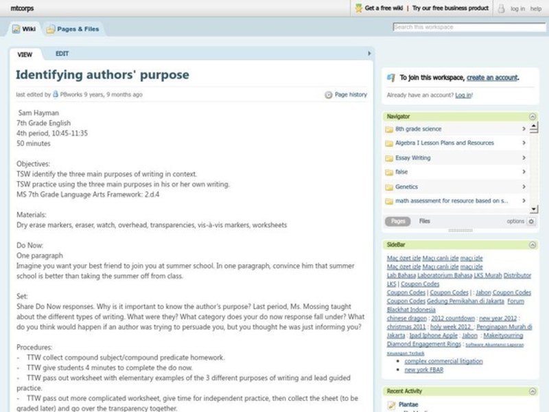 Identifying author's purpose Lesson Plan