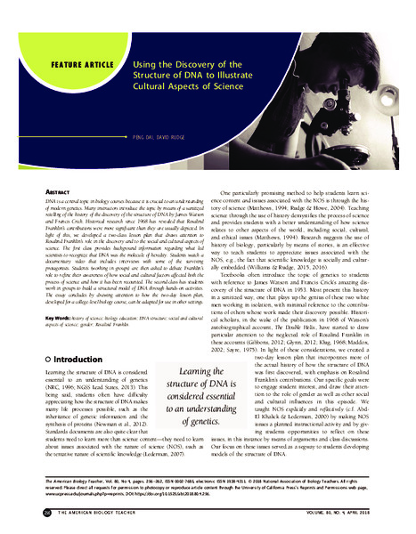 Using the Discovery of the Structure of DNA to Illustrate Cultural Aspects of Science Lesson Plan
