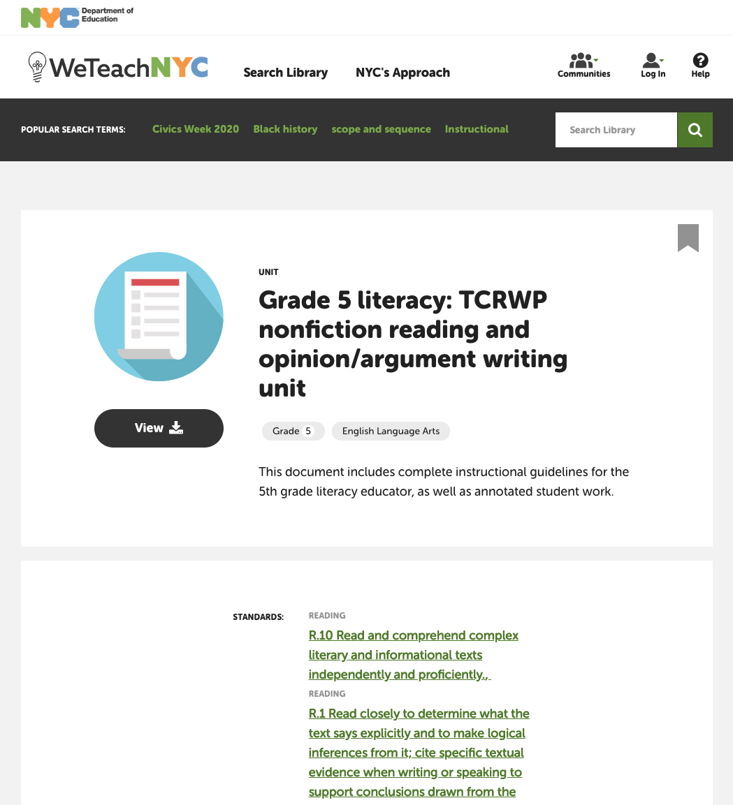 Grade 5 Literacy: TCRWP Nonfiction Reading and Opinion/Argument Writing Unit Plan