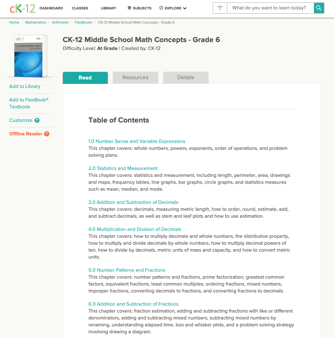 CK-12 Middle School Math Concepts - Grade 6 eBook