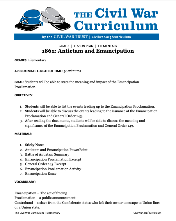 1862: Antietam and Emancipation Lesson Plan
