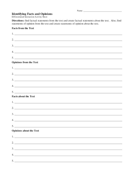 Identifying Facts and Opinions Worksheet