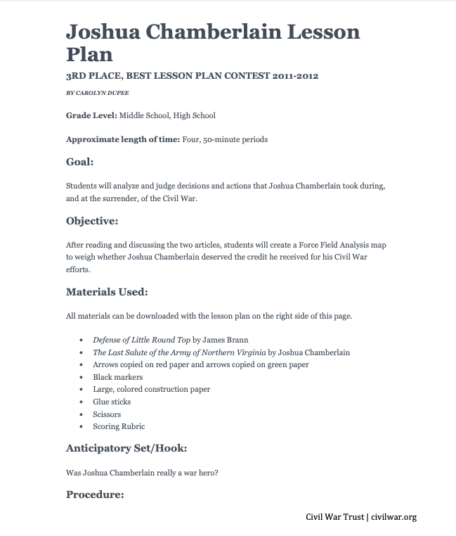 Joshua Chamberlain Lesson Plan Lesson Plan
