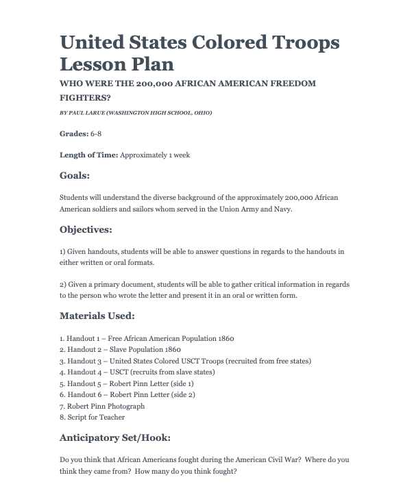 United States Colored Troops Lesson Plan