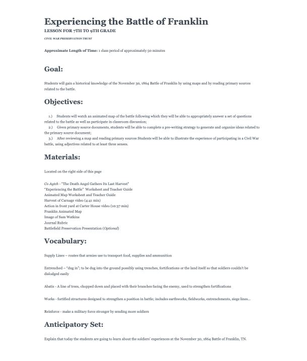 Experiencing the Battle of Franklin Lesson Plan