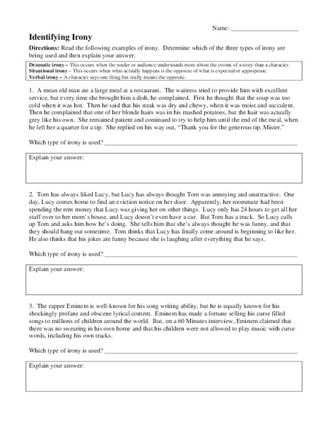 Identifying Irony  Worksheet