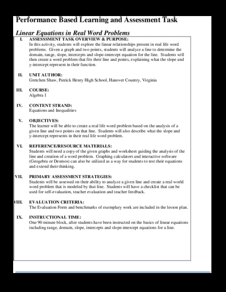 Linear Equations in Real Word Problems Performance