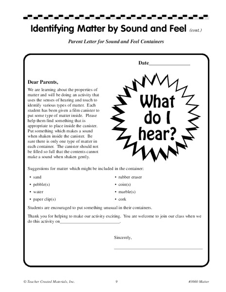 Identifying Matter by Sound and Feel Worksheet