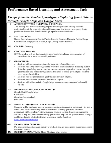 Escape from the Zombie Apocalypse - Exploring Quadrilaterals through Google Maps and Google Earth Performance