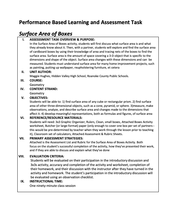Surface Area of Boxes Performance