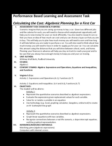 Calculating the Cost: Algebraic Planning for a First Car Performance