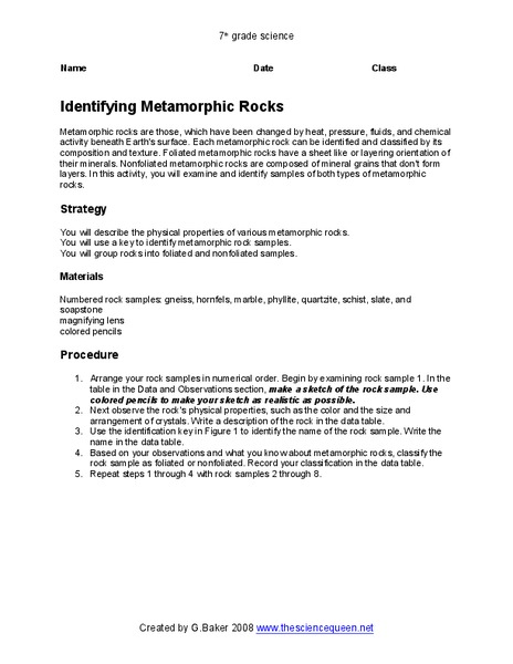 Identifying Metamorphic Rocks Organizer