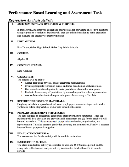 Regression Analysis Activity Performance