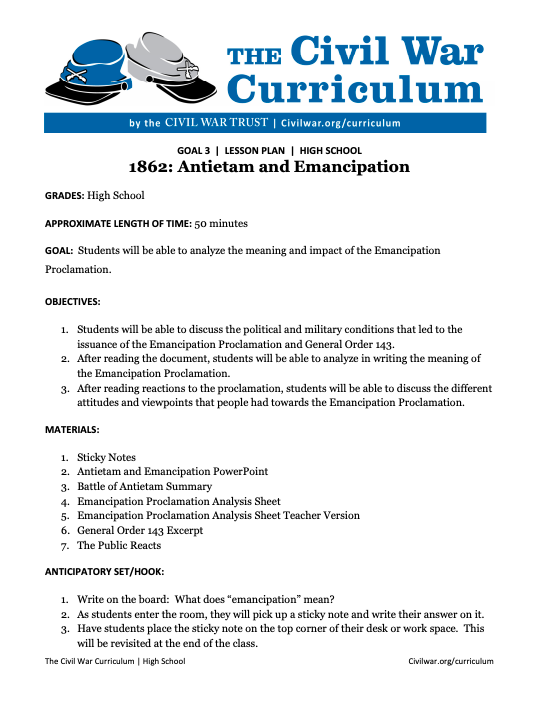 1862: Antietam and Emancipation Lesson Plan